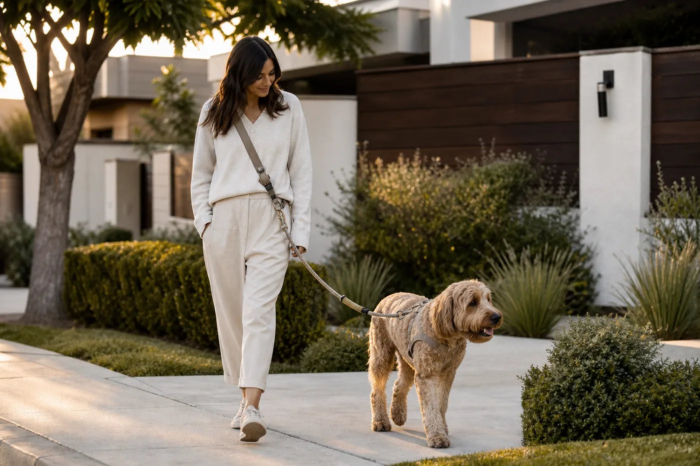 Dog parent using walking gear for a calmer daily walk