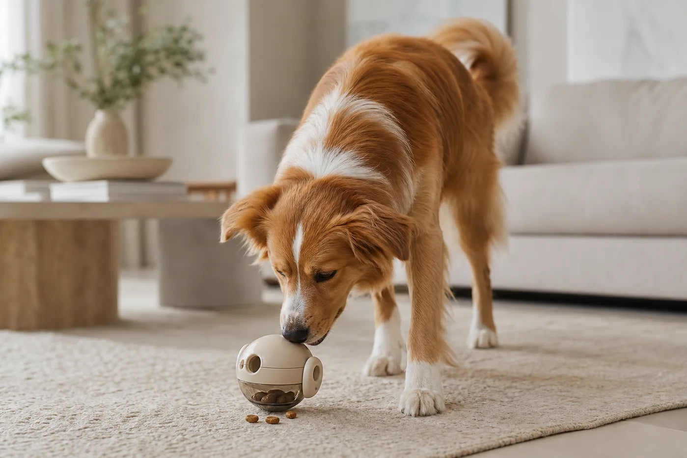 Dog using an enrichment puzzle toy at home